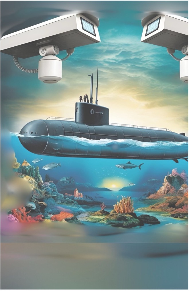 A digital illustration featuring a submarine under the sea, surrounded by marine life and coral reefs, with surveillance cameras positioned above monitoring the underwater scene.